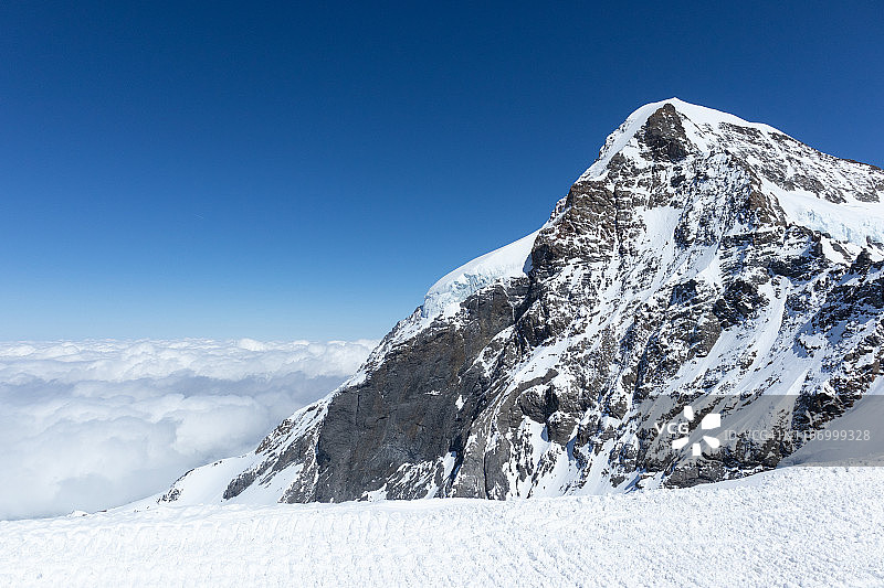 瑞士蒙奇山，伯尔尼斯高地，瑞士阿尔卑斯山，晴朗的蓝天图片素材