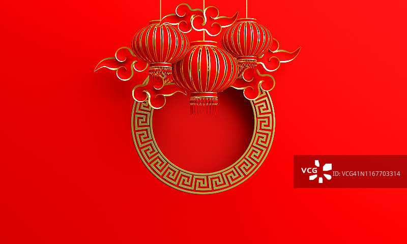 红色和金色的传统中国灯笼灯盏，圆边框希腊键和剪纸剪纸云。图片素材