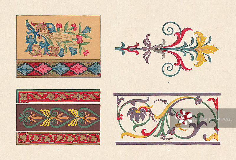 历史装饰物，罗马式，哥特式，文艺复兴和波斯，彩色印刷，出版于1881年图片素材