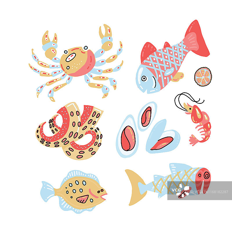 一套平颜色手绘粗糙的海鲜素描在斯堪的纳维亚风格。矢量插图孤立在白色背景。海鲜鱼元素儿童菜单，网页设计，纺织品印刷，海报图片素材