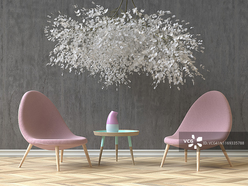 现代斯堪迪纳维亚室内有两把粉色椅子，一张咖啡桌和一个花卉装置，3D渲染图片素材