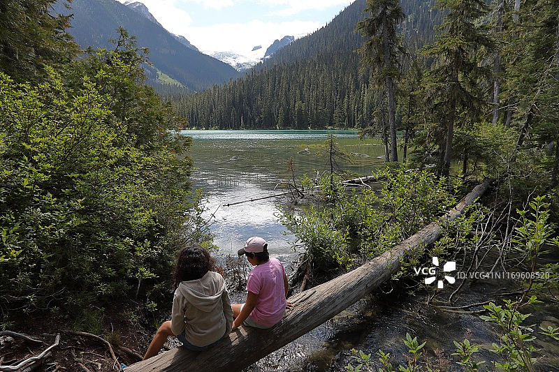 两个年轻女孩坐在冰川湖边的原木上图片素材