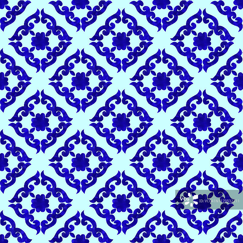 水彩手绘海军蓝瓷砖。矢量瓷砖图案，里斯本阿拉伯花卉马赛克，地中海无缝海军蓝装饰。图片素材
