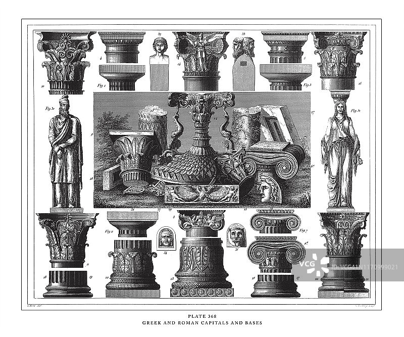 希腊和罗马的首都和底座雕刻古董插图，出版于1851年图片素材