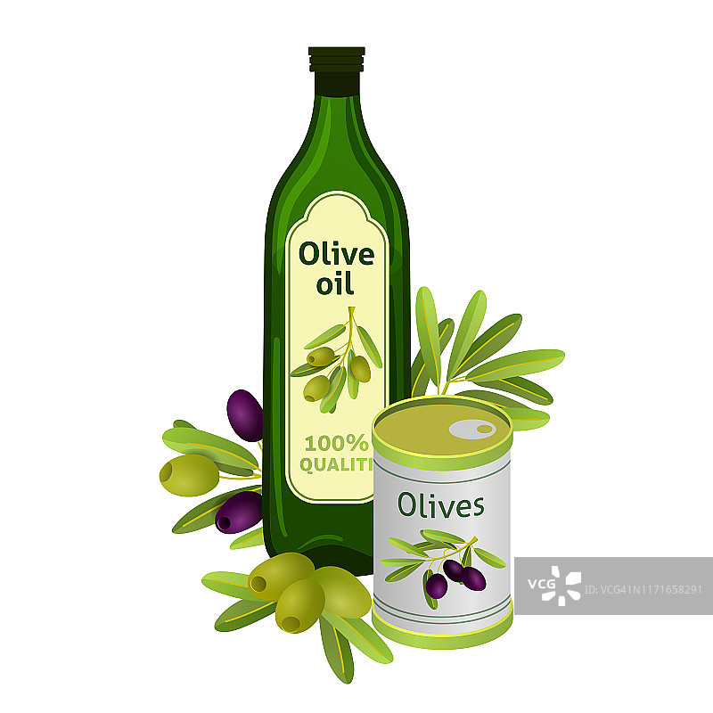 有品牌标签的橄榄油瓶。孤立的平面矢量元素的广告海报或横幅。矢量插图在白色孤立的背景图片素材