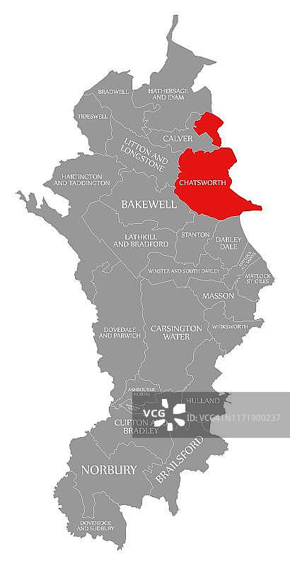 英国东米德兰兹郡德比郡戴尔斯区地图上的查兹沃斯红色高亮显示图片素材