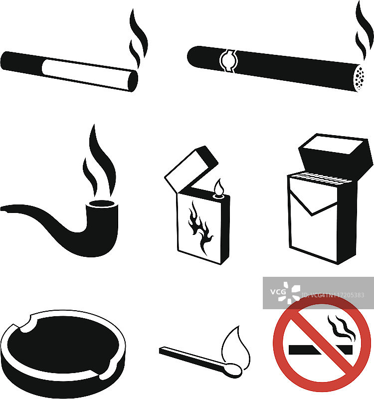 香烟和吸烟的黑白矢量图标设置图片素材