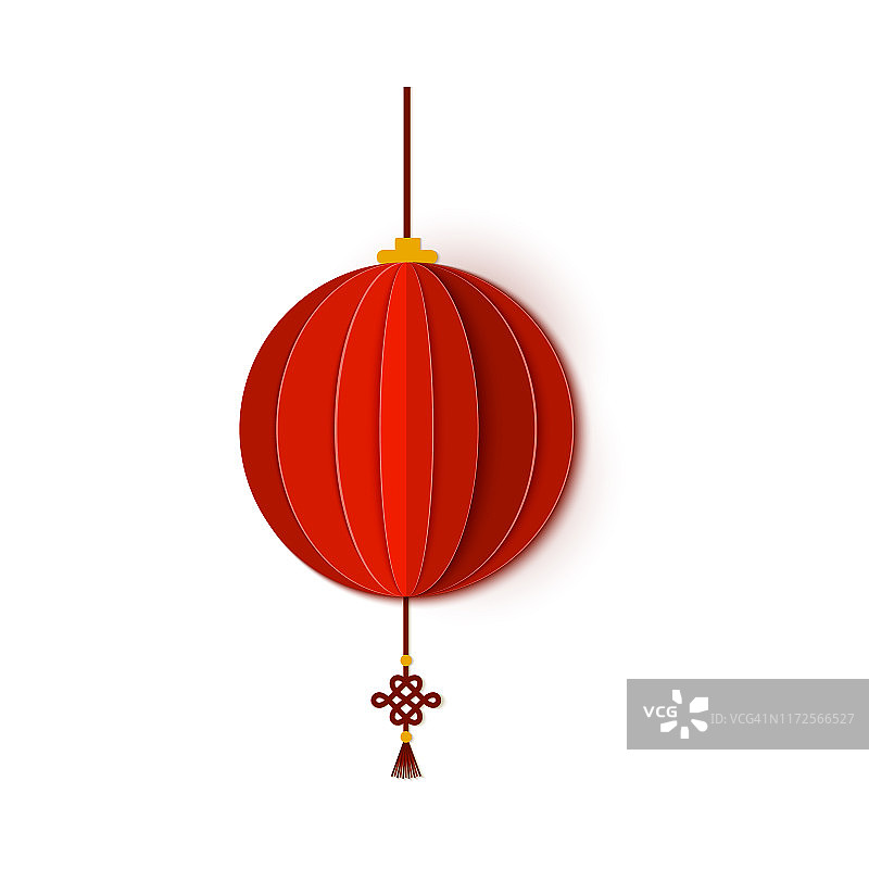 红色的中国传统圆纸灯笼。农历新年的灯笼是圆形的。纸张艺术风格的亚洲装饰。孤立在白色背景上。向量卡说明图片素材