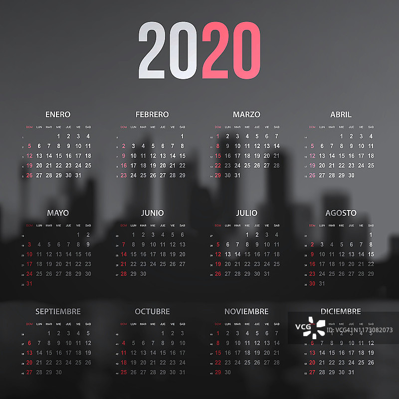 西班牙日历2020在城市天际线在黑色和白色图片素材