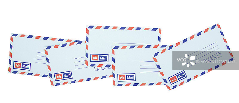 堆叠的航空邮件信封上的白色背景，邮件，电子邮件的概念图片素材