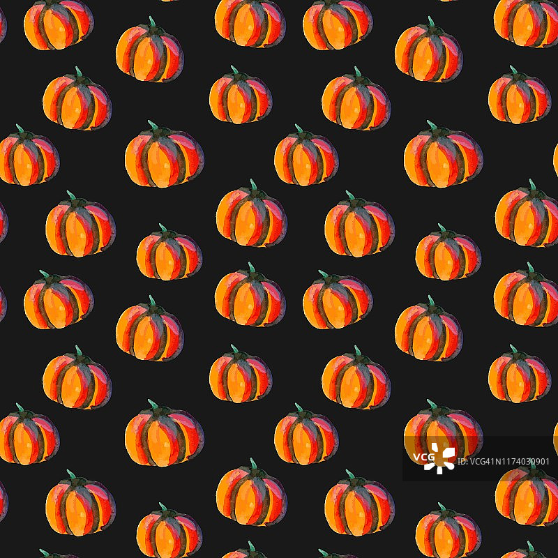 无缝图案的橙色南瓜在黑色的背景。为万圣节插图。秋天,感恩节的概念。丰富多彩的背景矢量。丰收的季节。黑色背景纸插图图片素材