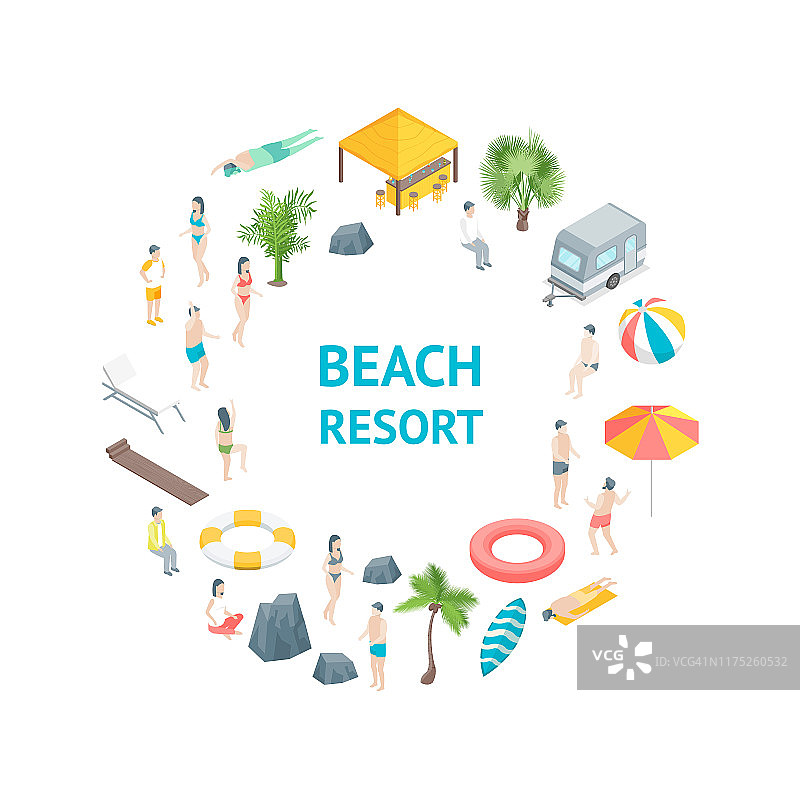 海滩休息概念旗帜卡圆3d等距视图。向量图片素材