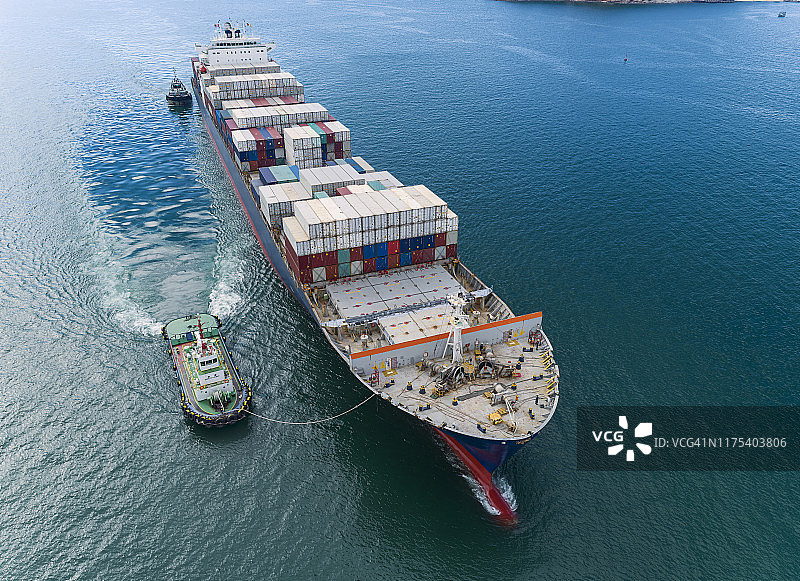 鸟瞰图集装箱船到港口通过起重机卸货集装箱进行物流、进出口、运输。图片素材