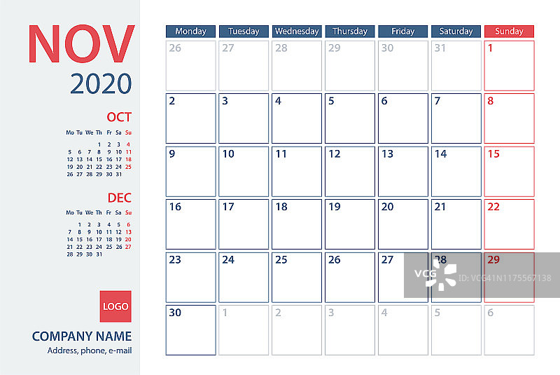 2020年11月日历规划师矢量模板。一周星期一图片素材