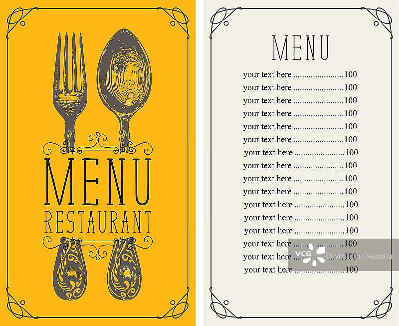 餐厅菜单与价目表，现实的叉子和勺子图片素材