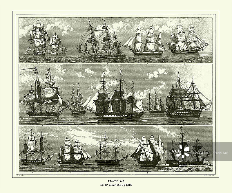 雕刻古董，船舶操纵雕刻古董插图，1851年出版图片素材