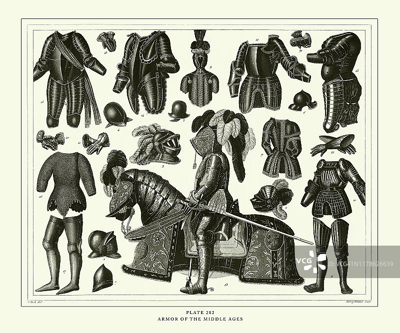 雕刻古董，中世纪盔甲雕刻古董插图，1851年出版图片素材
