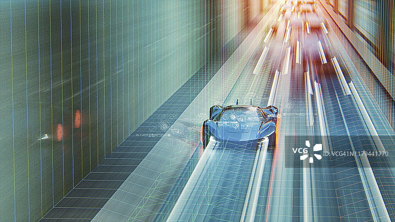 未来的通用概念跑车在城市高速公路上超速行驶图片素材