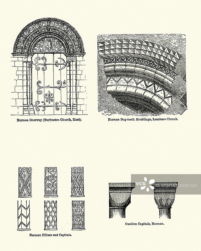 诺曼建筑的例子，门口，造型，圆柱，柱头图片素材