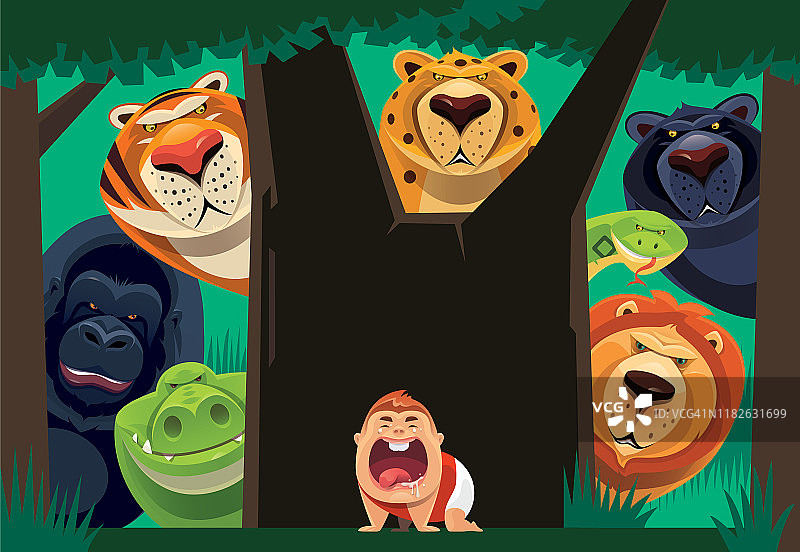 蹒跚学步的孩子在丛林里和野生动物一起爬和哭图片素材