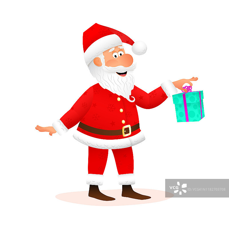 圣诞老人扁平的人物孤立在白色的背景。站着一个滑稽的老人，他正拿着带着丝带的圣诞礼物微笑着。圣诞和新年卡通矢量插图。图片素材