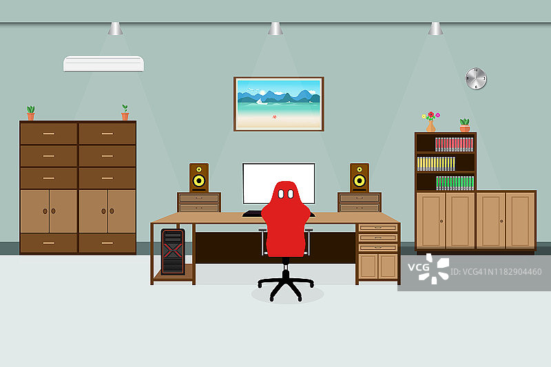 办公室工作空间内部椅子，写字台，空调和电脑屏幕在木桌上。设计矢量图图片素材