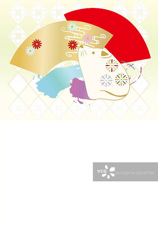 贺年卡插图与老鼠娃娃和扇子在日本的模式。图片素材