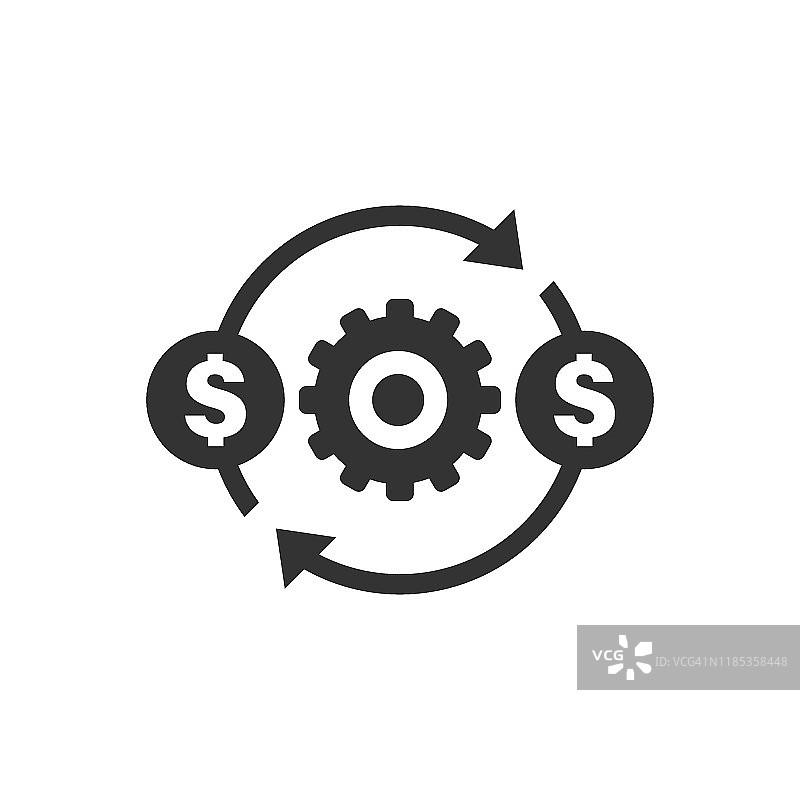 金钱优化图标在平面风格。齿轮有效矢量插图上的白色孤立背景。财务流程业务概念。图片素材