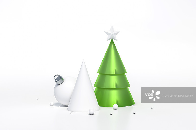 抽象的绿色几何形状圣诞树与白色的星星，锥形和圣诞球在白色的背景图片素材