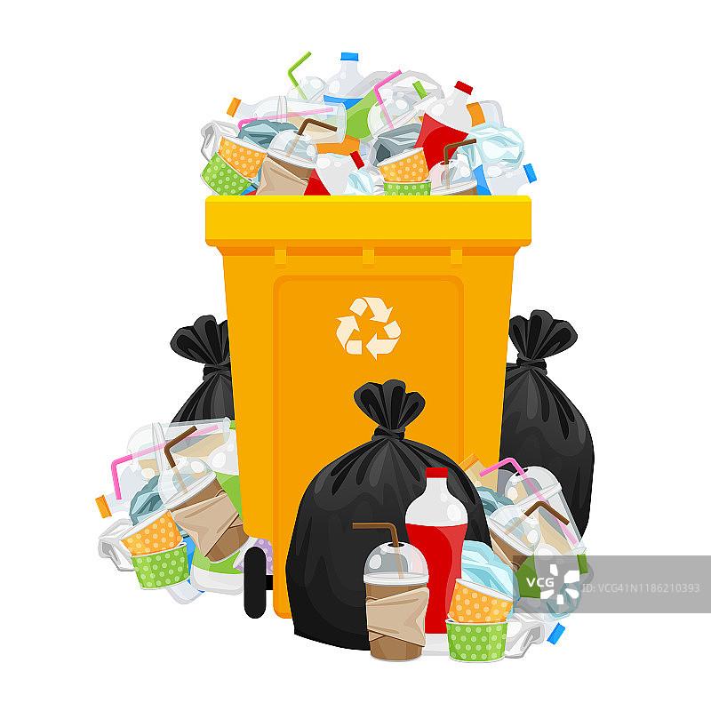 垃圾与袋装塑料和黄色垃圾桶隔离，塑料垃圾堆放在白色垃圾桶上，塑料垃圾堆放在黄色垃圾桶上，塑料垃圾与黄色垃圾桶分离回收图片素材