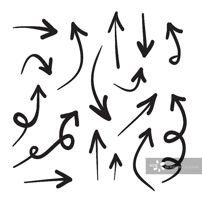箭头图标手绘矢量编辑集。箭素描手工涂鸦向上滑动符号标志孤立在白色背景。简单的标识向量设计插图图片素材