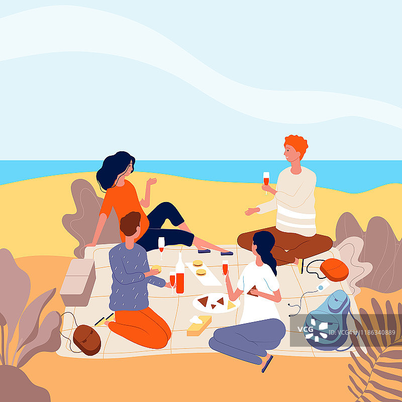海滨野餐。家庭放松在夏天的海滩户外的人饮料晚餐有趣的成年人野餐矢量扁平的字符图片素材