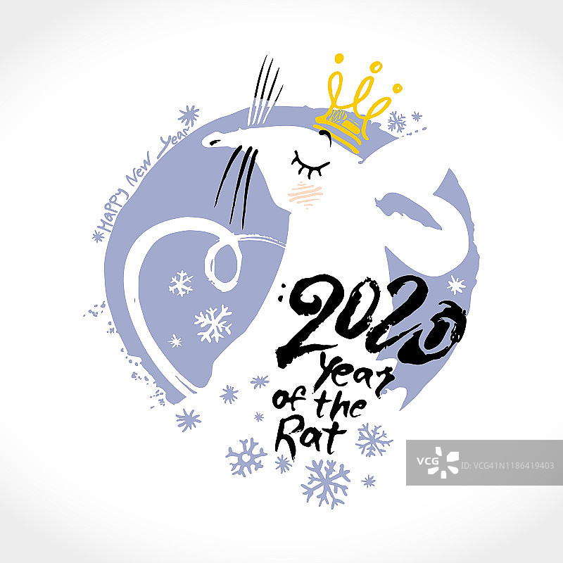2020年的大白鼠皇后。有趣的新年插图贺卡。可爱可爱的老鼠素描2020。图片素材