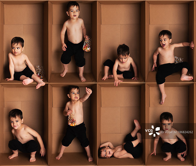 一个孩子在纸箱里的8个姿势的合成照片图片素材