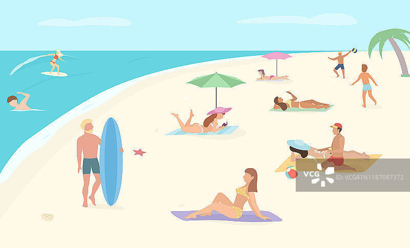 人们在海滩。男人们和女人们在海边放松、晒日光浴、游泳和打沙滩排球。暑假。图片素材