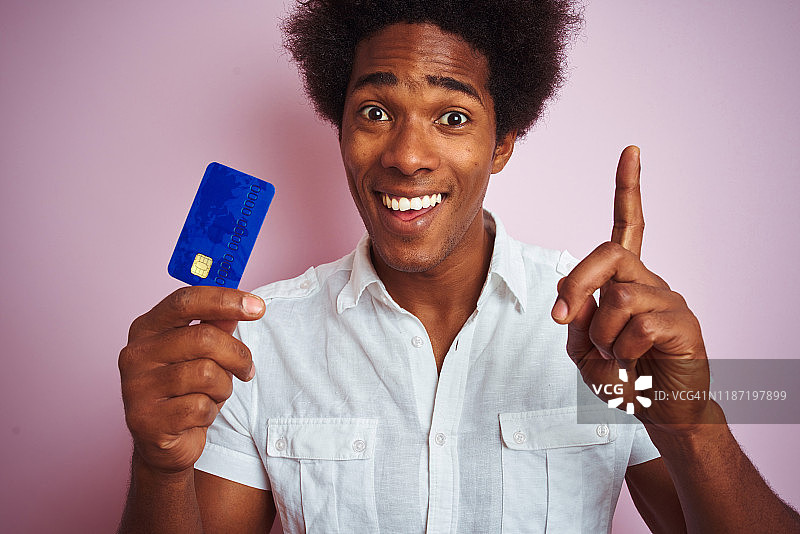 一个美国黑人顾客拿着信用卡站在孤立的粉红色背景下惊讶地提出一个想法或问题，开心地指着手指，第一个图片素材