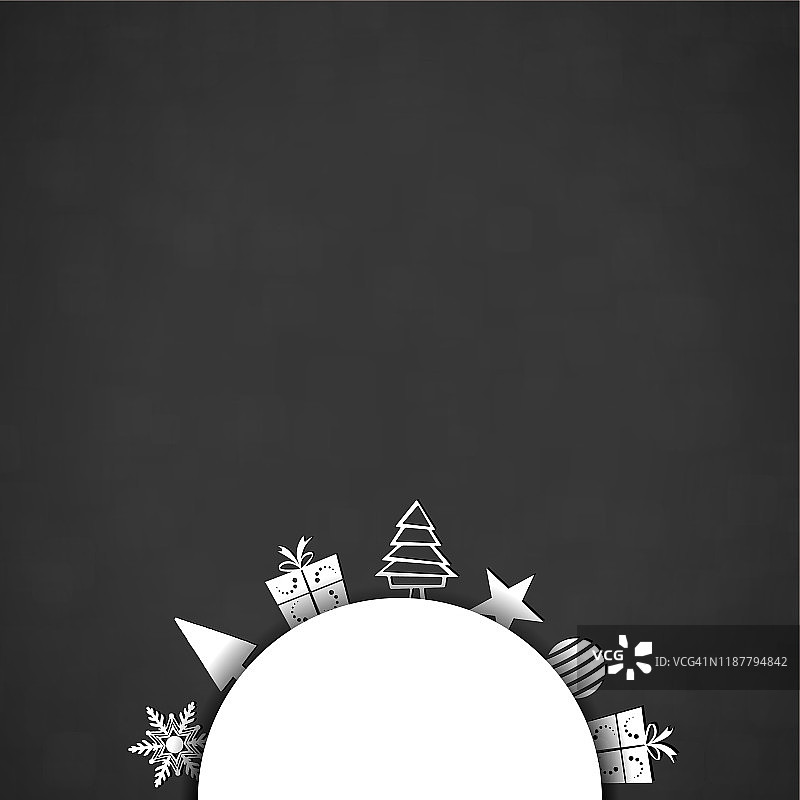 一个创造性的深灰色或黑色的圣诞背景与半圆形补丁和白色的圣诞树和装饰的矢量插图图片素材