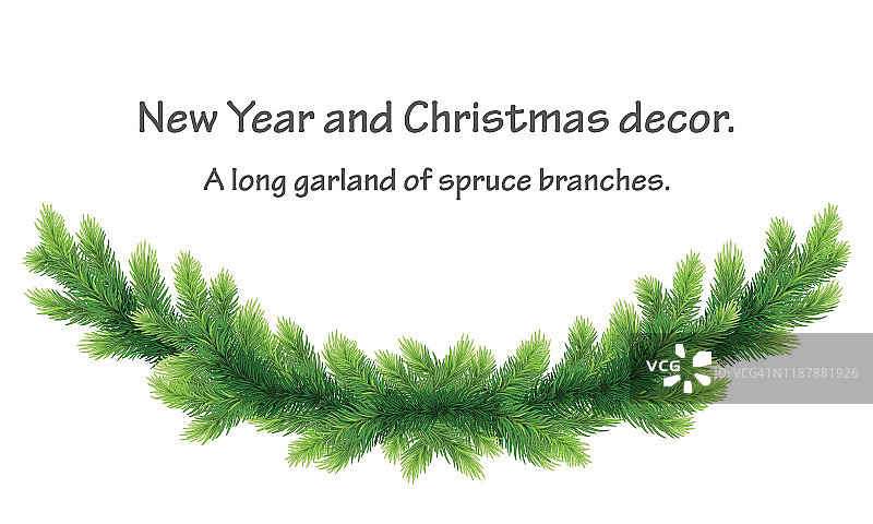 由松树树枝组成的一个宽阔的花环。现实的圣诞装饰。孤立在没有阴影的白色背景上。图片素材