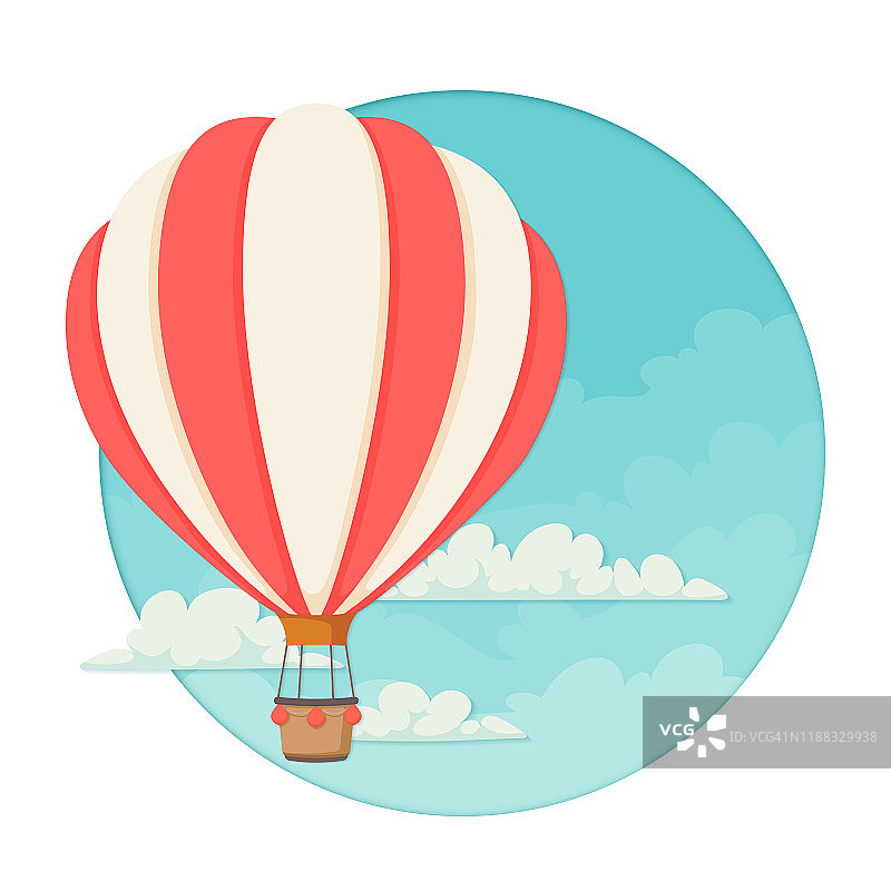 红色和白色条纹热气球与云彩和蓝天的背景。图标，海报，贺卡设计模板。图片素材