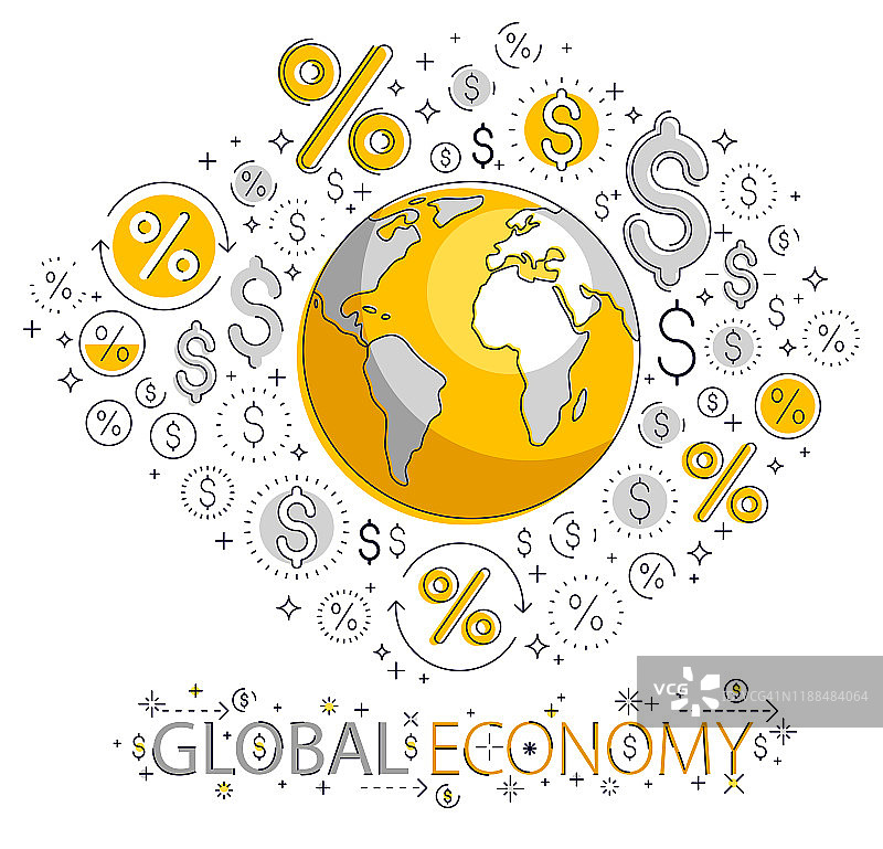 全球经济概念，行星地球与美元图标集，国际商务，货币兑换，互联网全球网络连接，矢量，元素可单独使用。图片素材