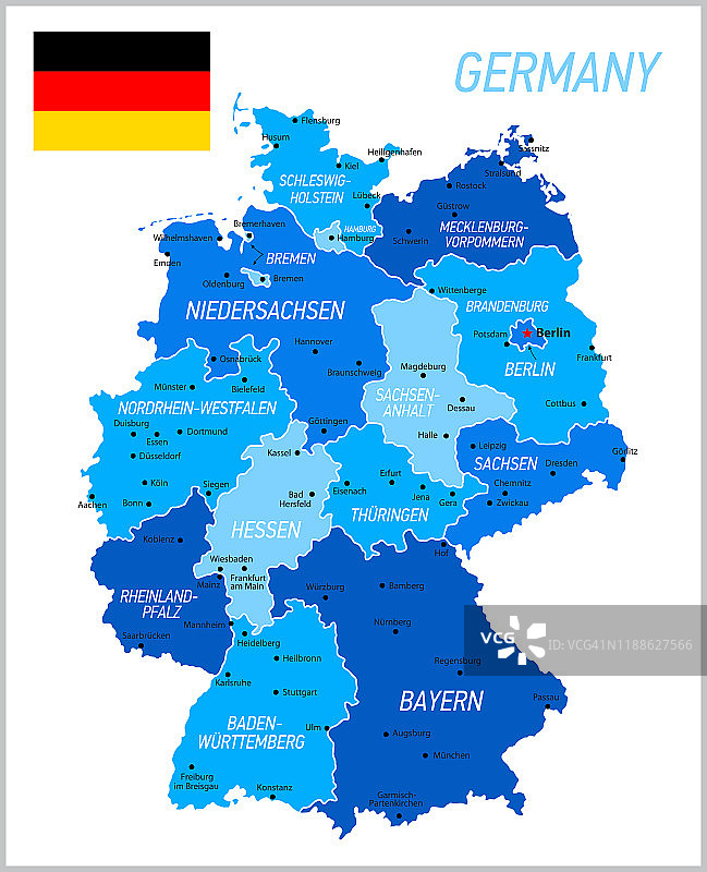 德国地图与国旗。蓝色的矢量图图片素材