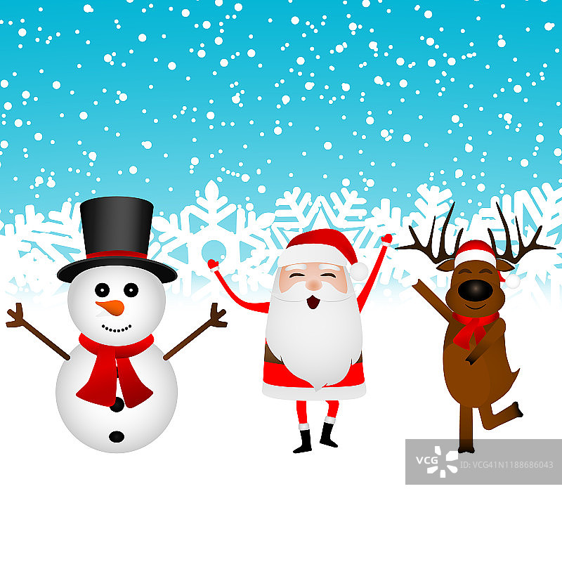 卡通有趣的圣诞老人，驯鹿和雪人跳舞图片素材