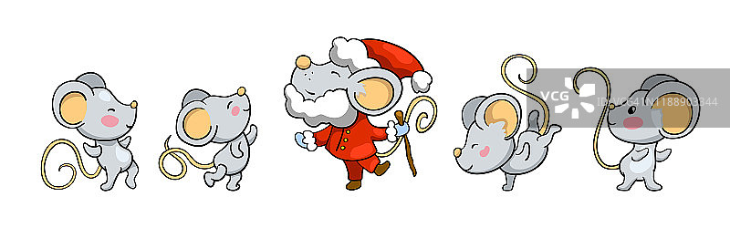 可爱的老鼠围着圣诞老人跳舞。2020年卡通矢量插图在白色的背景图片素材