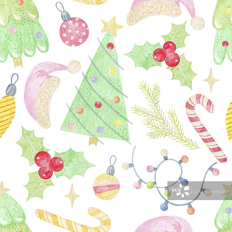 糖果手杖，冬青果，花环，圣诞树和玩具的节日无缝模式。庆祝新年图案。美丽的图案，礼品包装纸，t恤，贺卡。图片素材