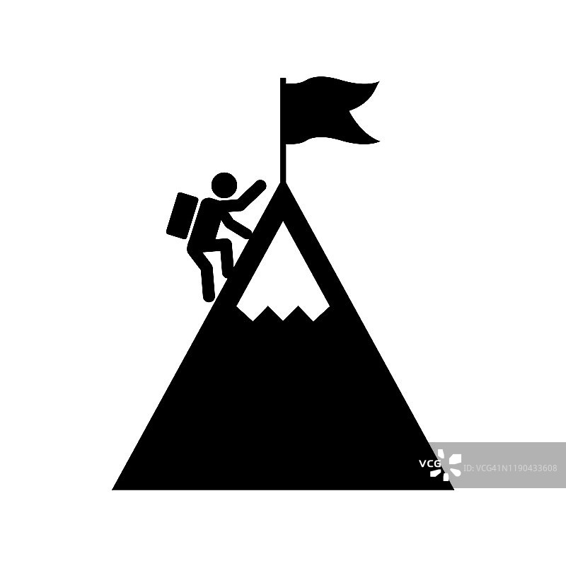 人与旗帜站在山顶的图标，标志孤立在白色的背景。爬到顶端图片素材
