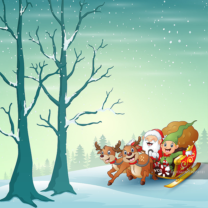 圣诞老人和精灵在冬天的雪地里驾着雪橇快乐图片素材