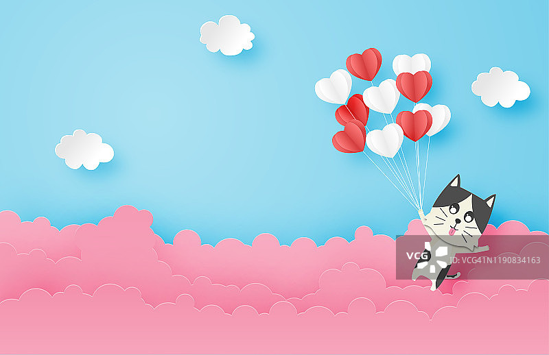 爱的插图。快乐的猫和剪纸风格的心形气球漂浮在天空中。数字工艺纸艺术情人节概念。图片素材