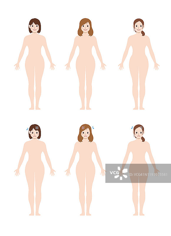 裸体女人/裸体身体，剪影，轮廓形状矢量插图集(微笑，烦恼)图片素材