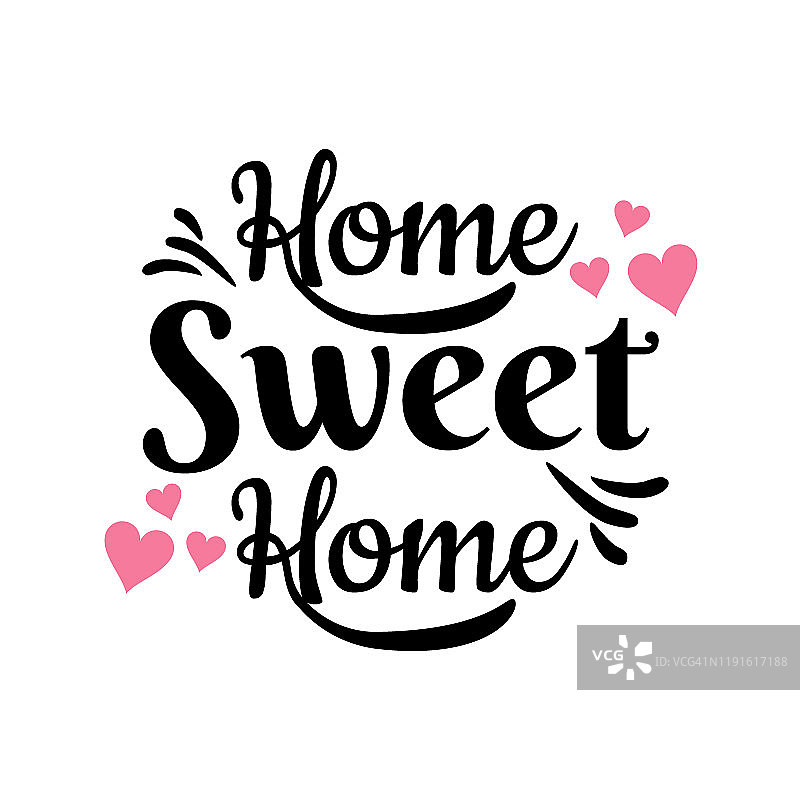 手写字体排版海报。书法引用“家甜蜜的家”。用于乔迁喜帖，贺卡，家居装饰。矢量插图。图片素材