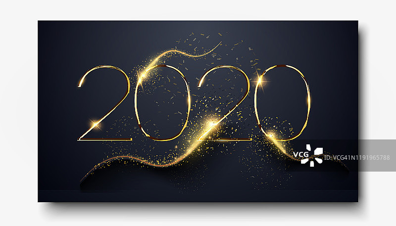 2020年新年快乐。数字2020写闪烁的火花孤立在黑色背景。2020年新年晚会烟花传单模板设计。设计小册子的海报。装饰元素。向量图片素材